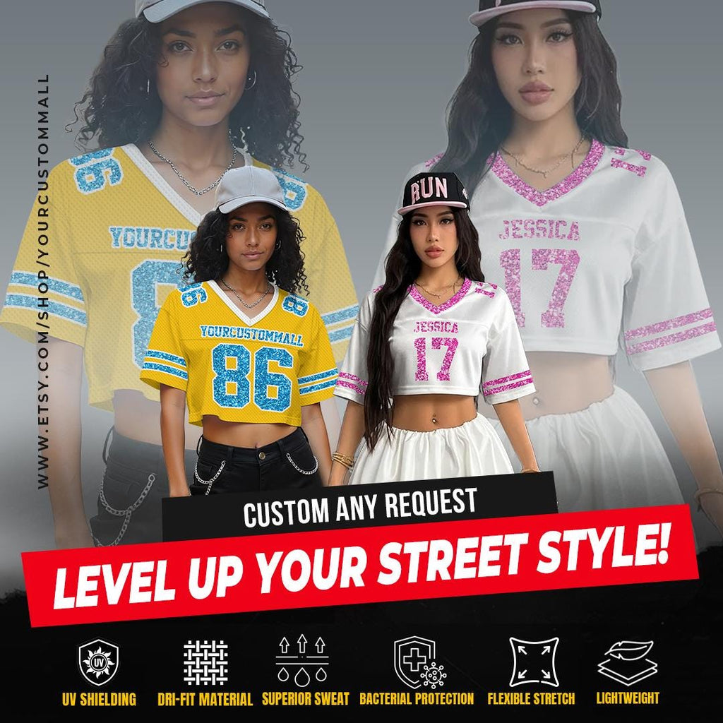 Personalize Black Pink Shirt Crop top for Women & Girls, Custom Cheer Football Jersey, Sparkly shirt Glitter Football Tee Concert Outfit