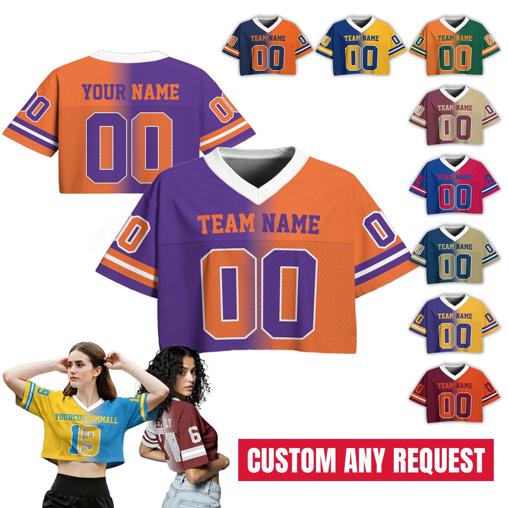 Custom Two Football Team Jersey, Custom Gradient Football Crop Jersey for Women Girl, Sports Girl Outfit Cheer Jersey Crop Gift for her