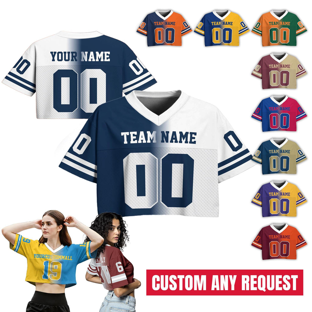 Custom Gradient Ladies Team Fan Shirt, Custom Team Name Number Logo V-Neck Football Crop top Jersey, Cheerleading Gifts Sports Girl Outfit