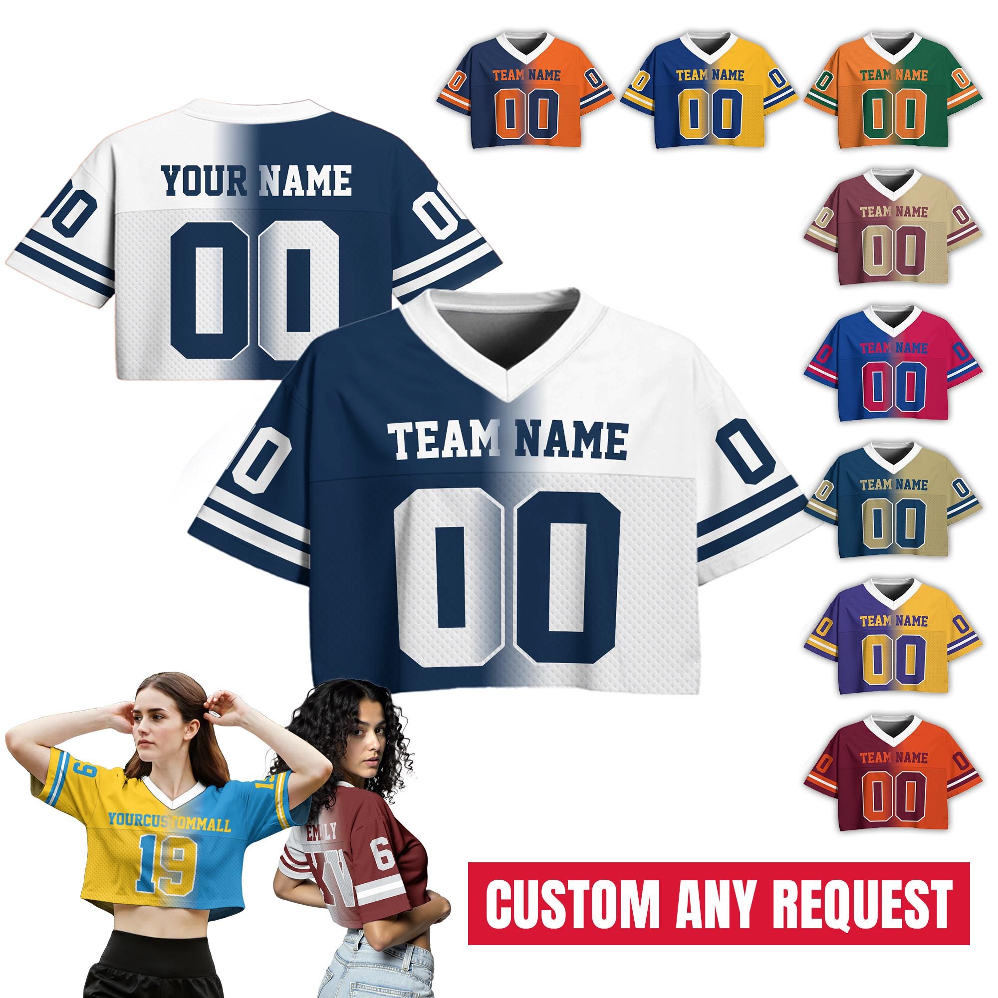 Custom Gradient Ladies Team Fan Shirt, Custom Team Name Number Logo V-Neck Football Crop top Jersey, Cheerleading Gifts Sports Girl Outfit