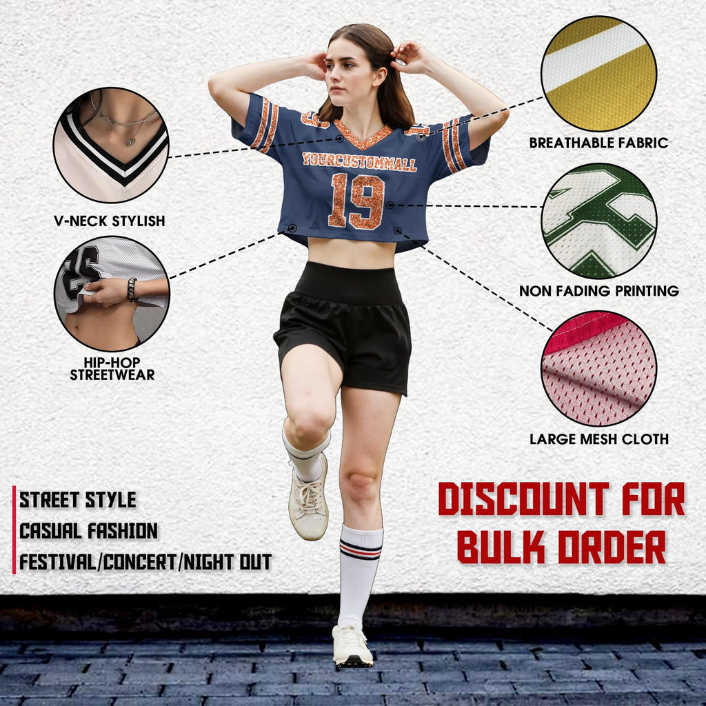 Custom Bling Football jersey, Personalize Glitter Crop Football Jersey, Sports Crop top Gift for her Concert Shirt Dance Team jersey