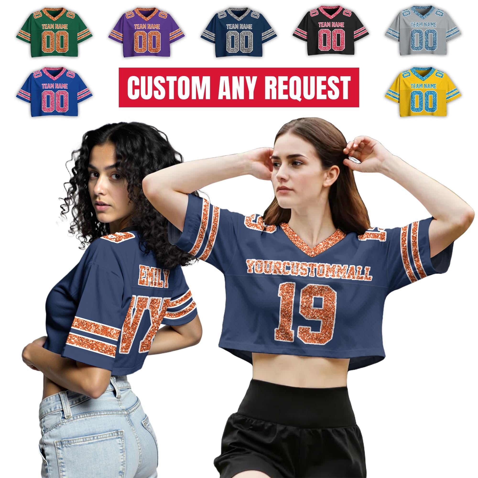 Personalize Sparkly Team shirt crop top for Women & Girls, Custom Cheer Football Jersey, Bling Jersey Glitter Football Tee Team Fan Jersey