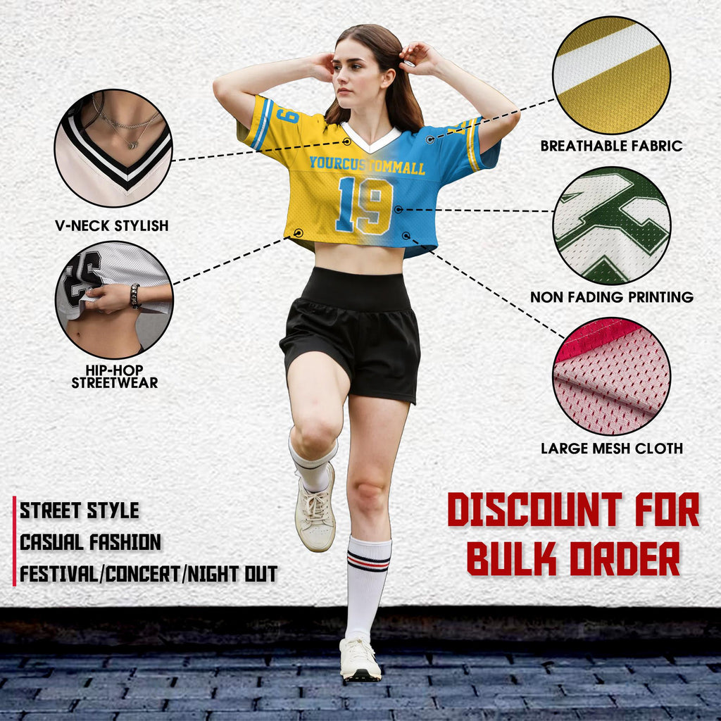 Custom Gradient Streetwear Crop Top Sports Girl Outfit Football Jersey, Custom Team Name Number Cheerleading Gifts, Womens Fashion Shirts