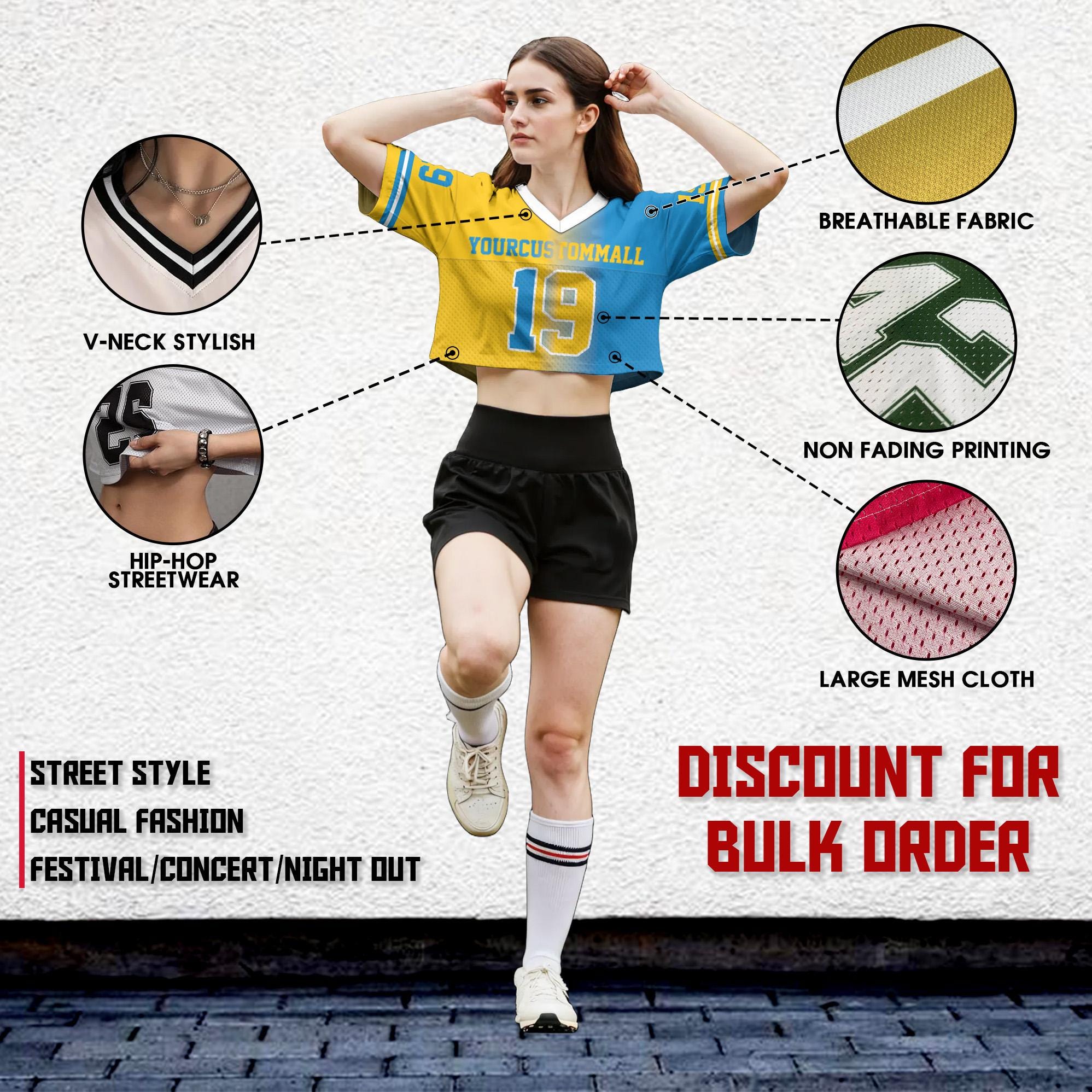 Custom Gradient V-Neck Football Crop top Jersey, Custom Team Name Number Logo Sports Girl Outfit, Cheerleading Gifts Team Fan Shirt