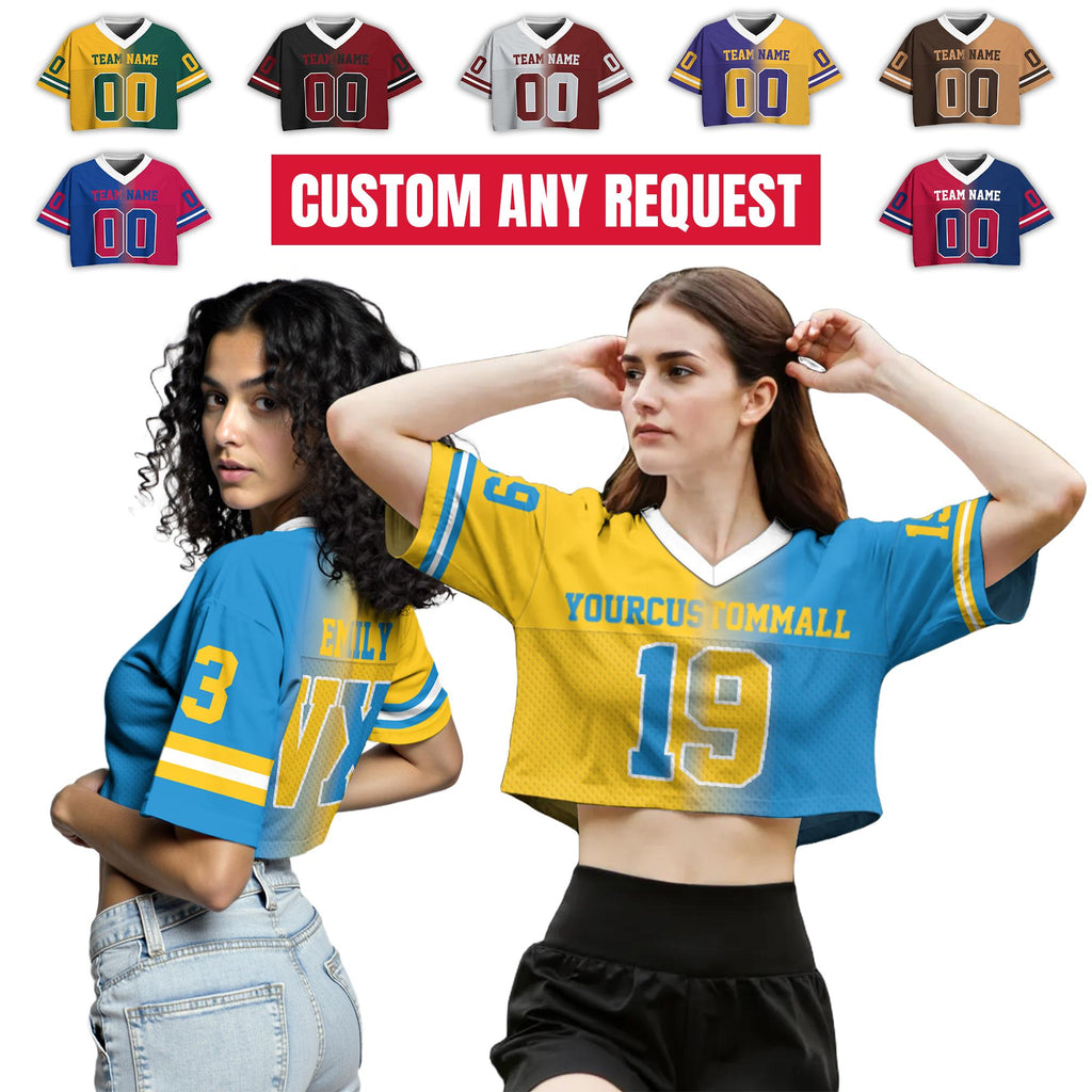 Custom Gradient V-Neck Football Crop top Jersey, Custom Team Name Number Logo Sports Girl Outfit, Cheerleading Gifts Team Fan Shirt