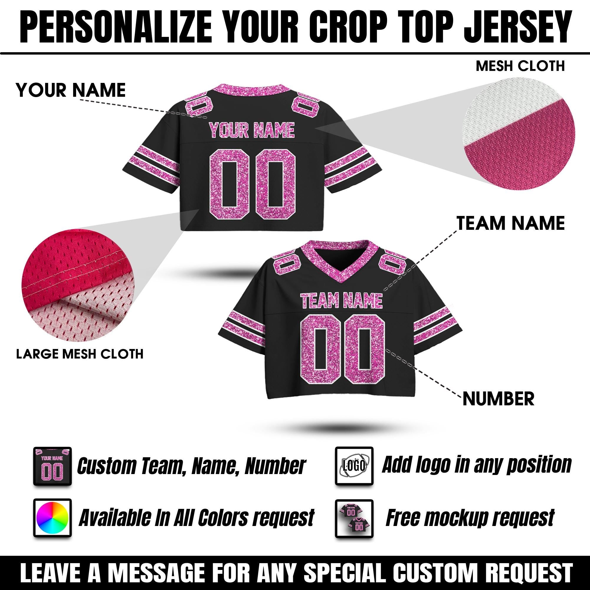 Personalize Black Pink Shirt Crop top for Women & Girls, Custom Cheer Football Jersey, Sparkly shirt Glitter Football Tee Concert Outfit