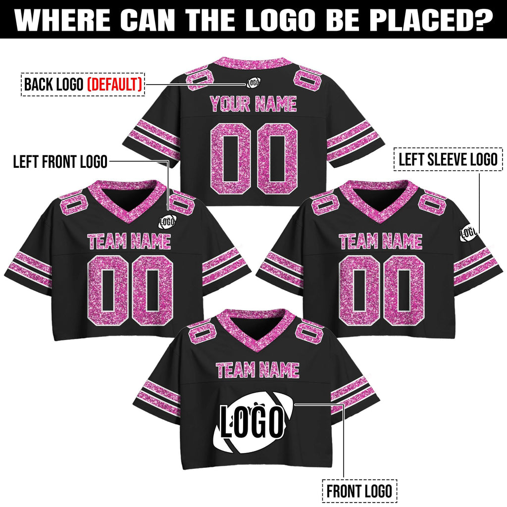 Personalize Black Pink Shirt Crop top for Women & Girls, Custom Cheer Football Jersey, Sparkly shirt Glitter Football Tee Concert Outfit