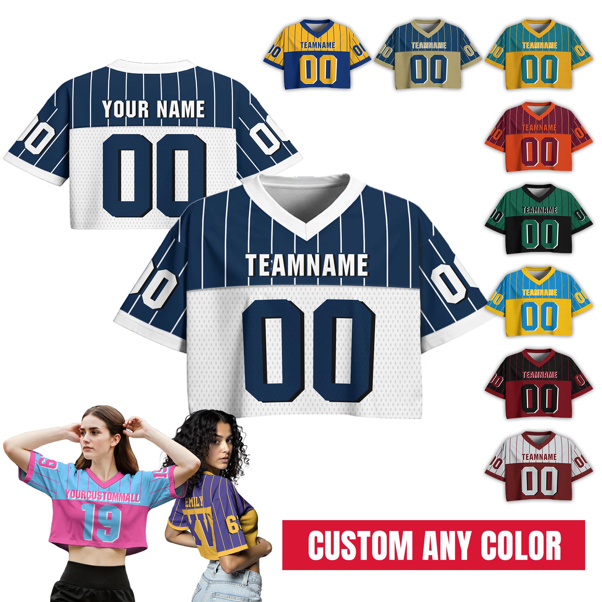 Personalize Pinstripe Cropped Football Jersey for Women Girl, Custom Team Name Number Logo Women Crop Tee Gift for Girlfriend