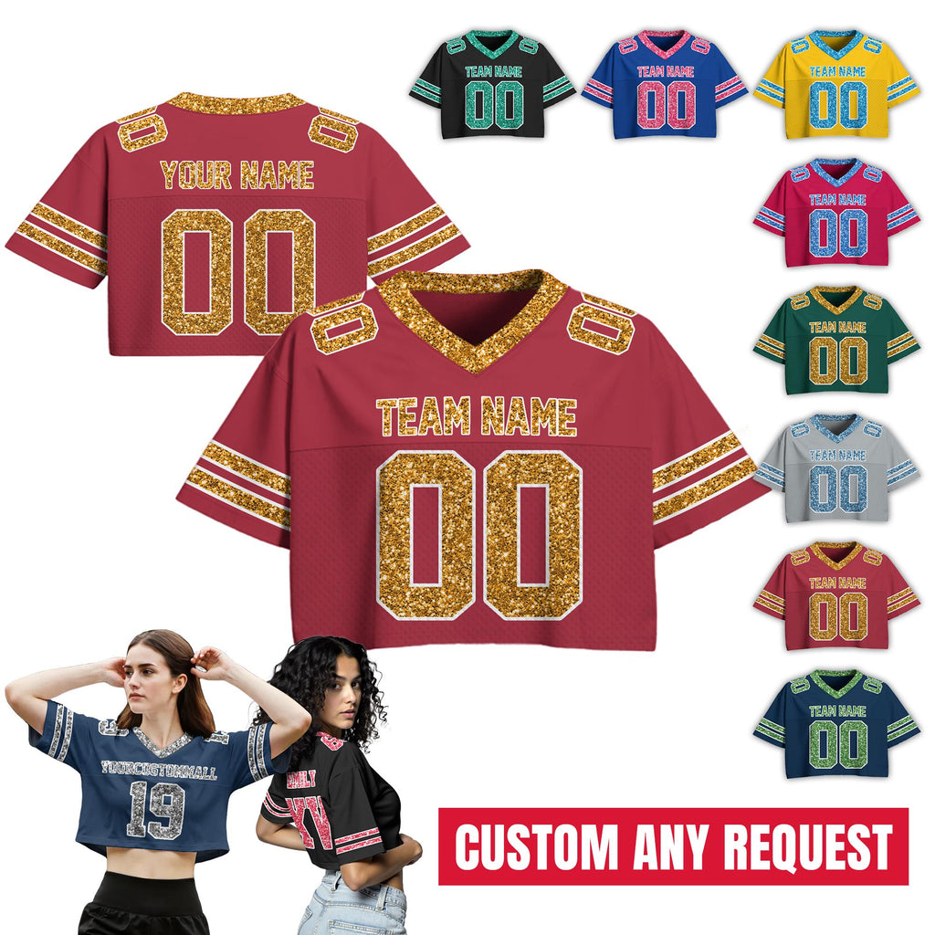 Custom Bling Football jersey, Personalize Glitter Crop Football Jersey, Sports Crop top Gift for her Concert Shirt Dance Team jersey