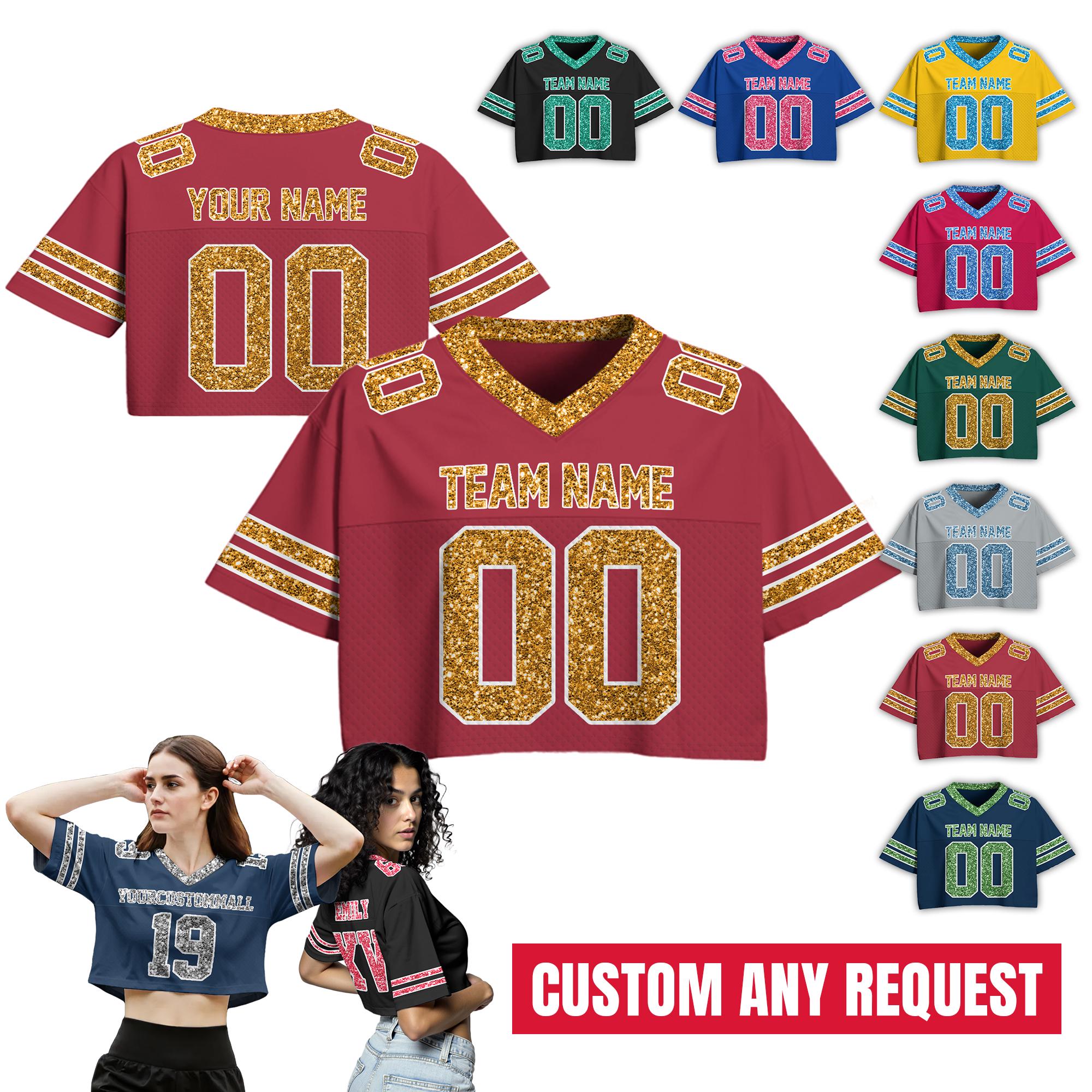 Custom Bling Football jersey, Personalize Glitter Crop Football Jersey, Sports Crop top Gift for her Concert Shirt Dance Team jersey