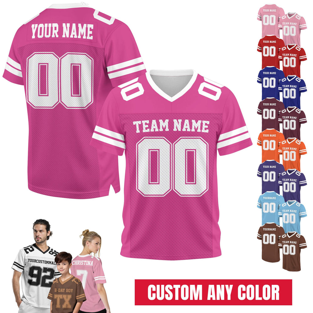 Personalized Team Name & Number Football Jersey For Adult Kid, Custom Team Sport Shirt Jerseys For Fans, Mesh Football V-neck Pink jersey