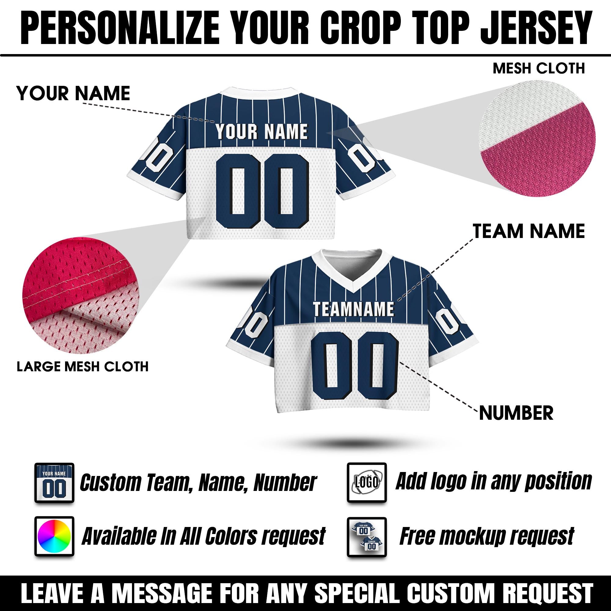 Personalize Pinstripe Cropped Football Jersey for Women Girl, Custom Team Name Number Logo Women Crop Tee Gift for Girlfriend