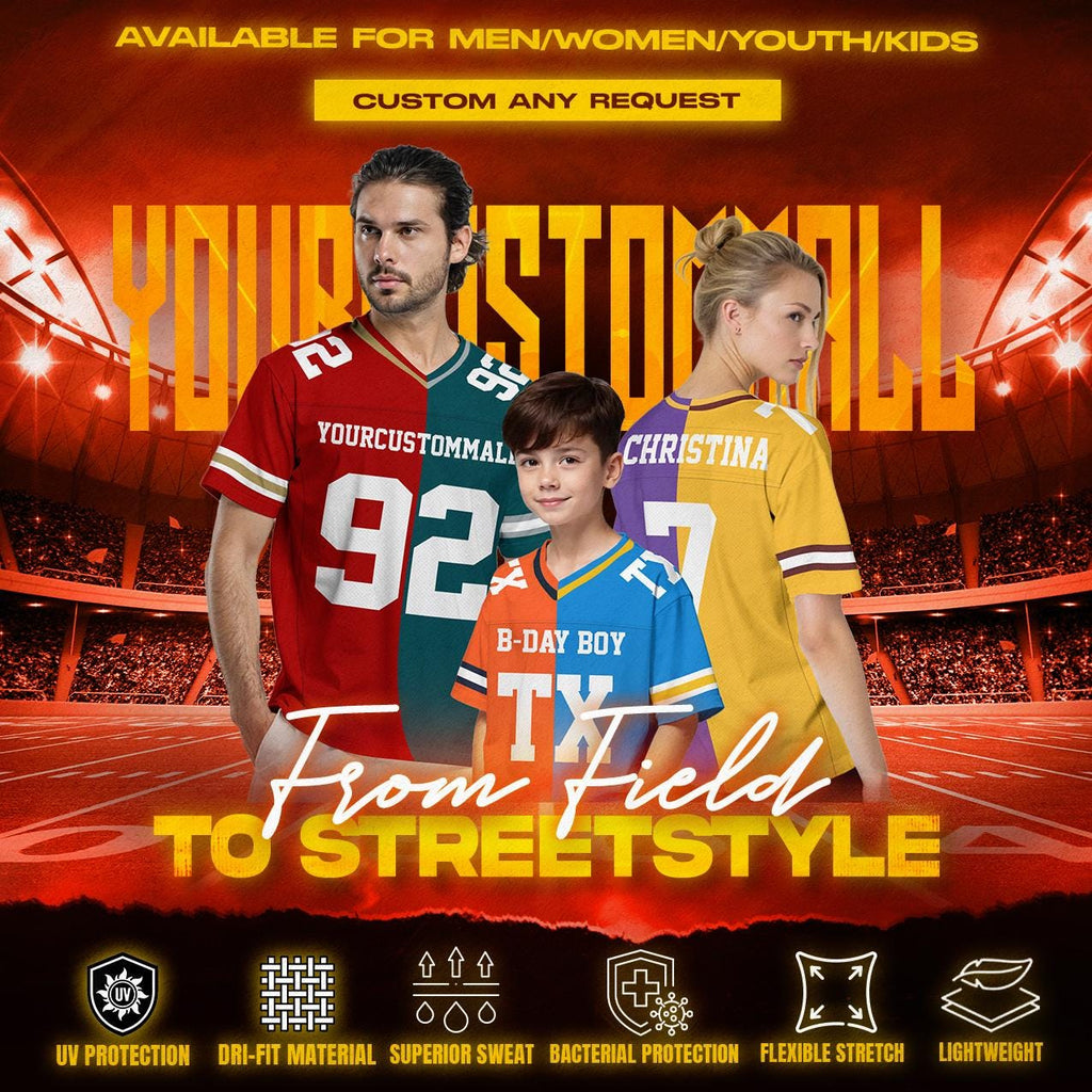 Personalized Two Team Color Football Jersey Split Half Uniform Jersey Football Fan tee Shirt Gifts for Boys Football Lovers