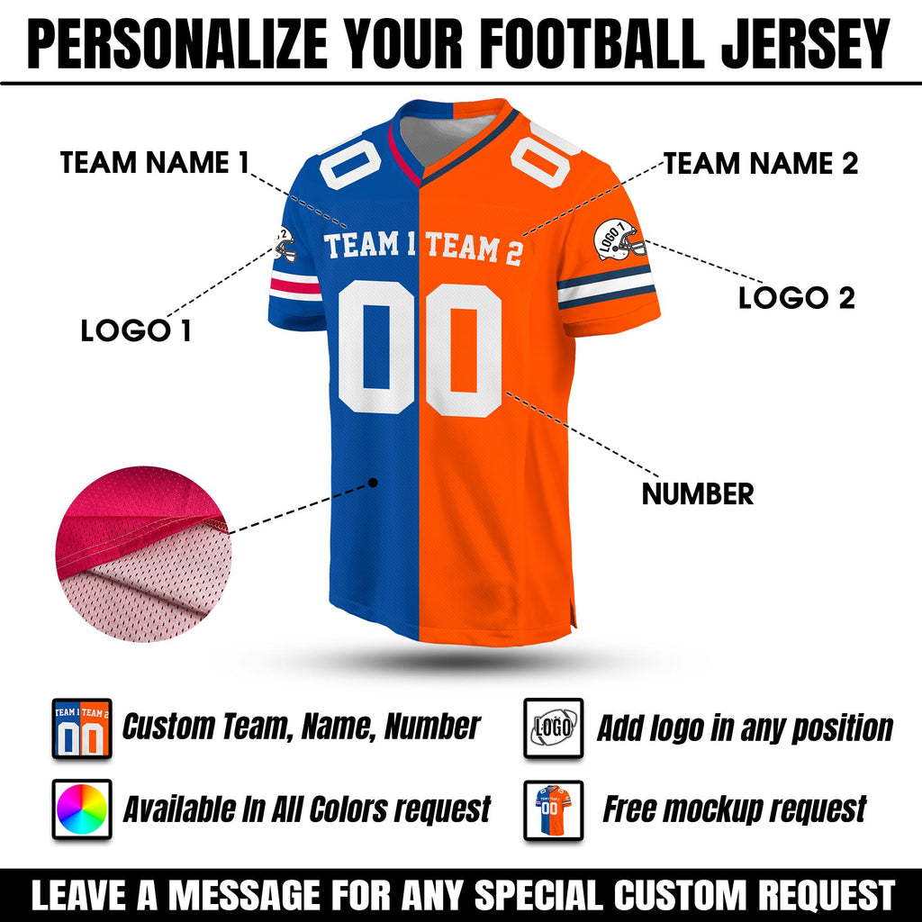 Custom Split Color Orange Blue Football Jersey, Personalized Any Two Team For Kids & Adult Football Lovers, Half and Half Sports Fan Shirt