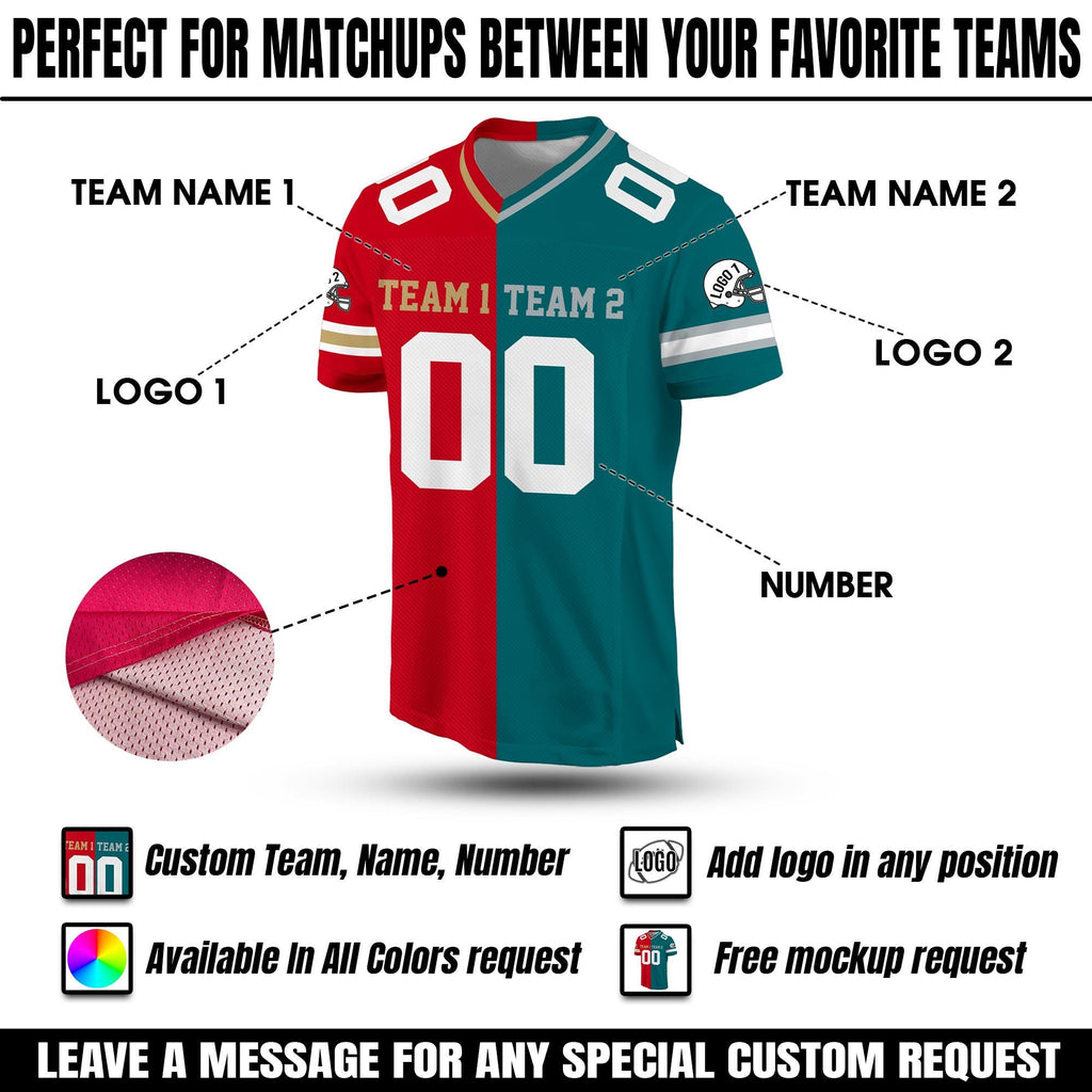 Personalized Any Two Team Color Football Jersey Split Half Uniform Jersey Custom Short Sleeve Shirt For Football Lovers