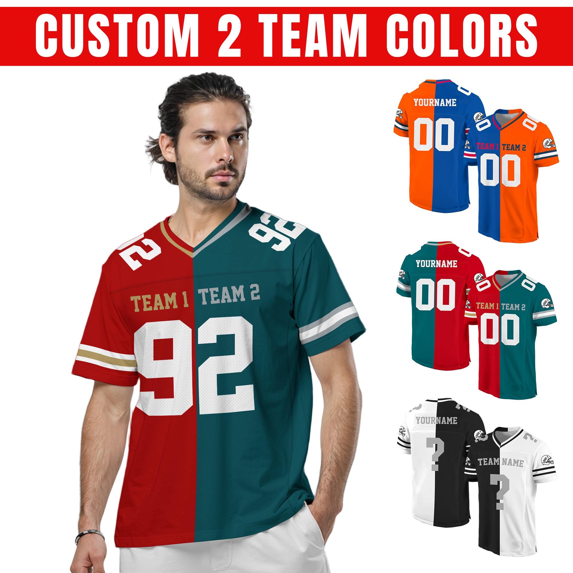 Personalized Any Two Team Color Football Jersey Split Half Uniform Jersey Custom Short Sleeve Shirt For Football Lovers