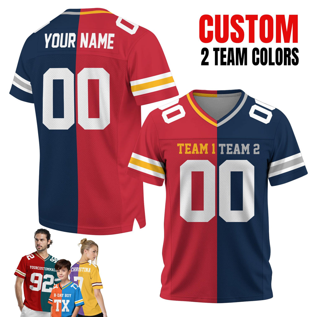 Personalized Two Team Color Football Jersey Split Half Uniform Jersey Football Fan tee Shirt Gifts for Boys Football Lovers
