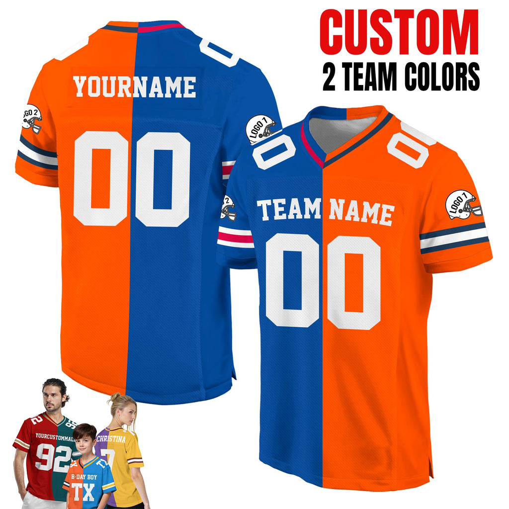 Custom Split Color Orange Blue Football Jersey, Personalized Any Two Team For Kids & Adult Football Lovers, Half and Half Sports Fan Shirt