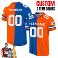 Custom Split Color Orange Blue Football Jersey, Personalized Any Two Team For Kids & Adult Football Lovers, Half and Half Sports Fan Shirt