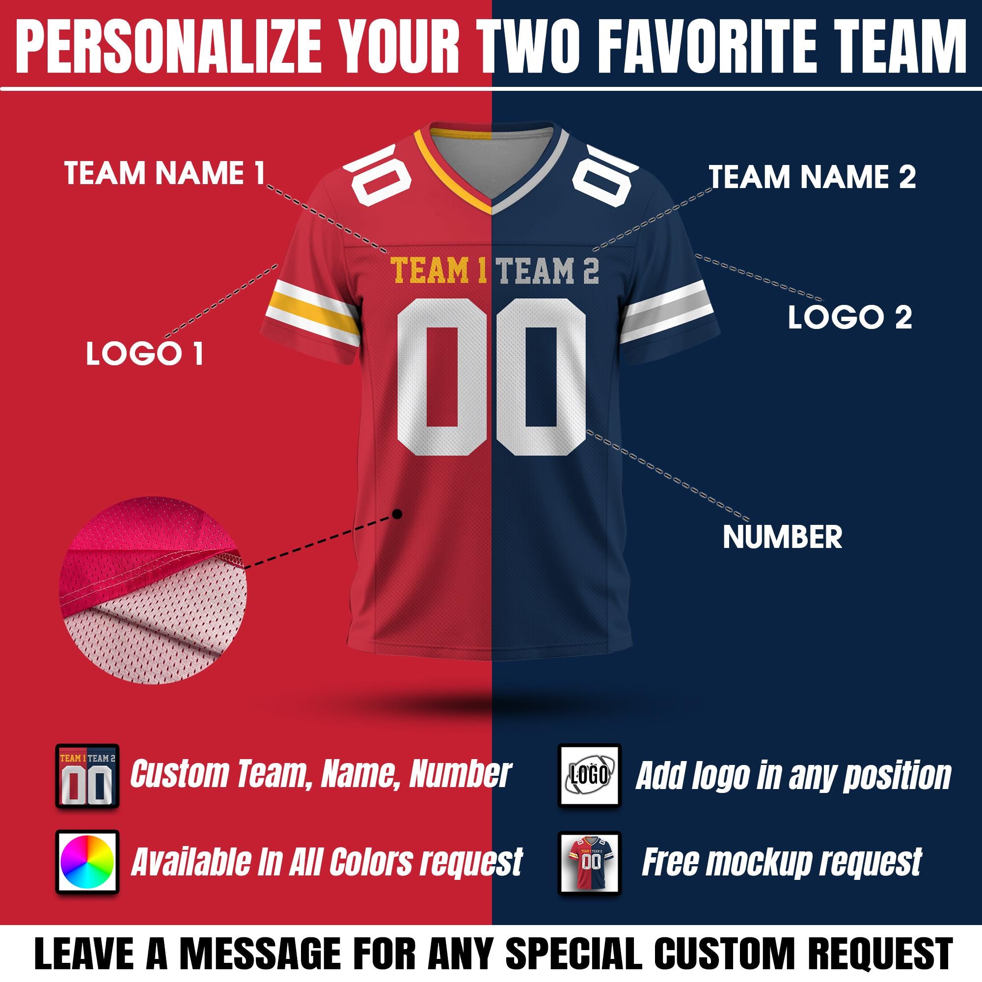 Personalized Two Team Color Football Jersey Split Half Uniform Jersey Football Fan tee Shirt Gifts for Boys Football Lovers