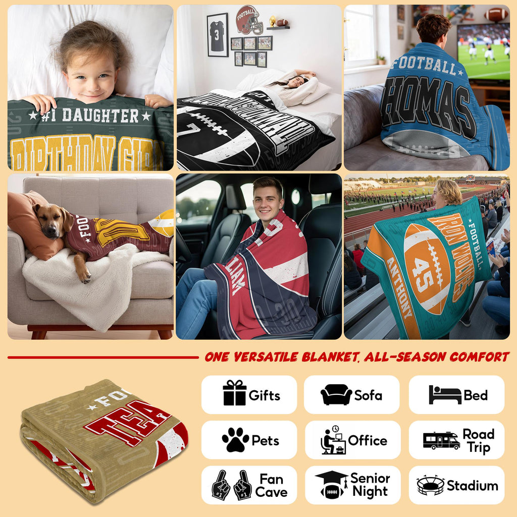 Personalized Team Football Blanket for Adult Kid Dog, Custom Name Number Logo Blanket Gift for Boys, Football Fan Gift, Football Decor