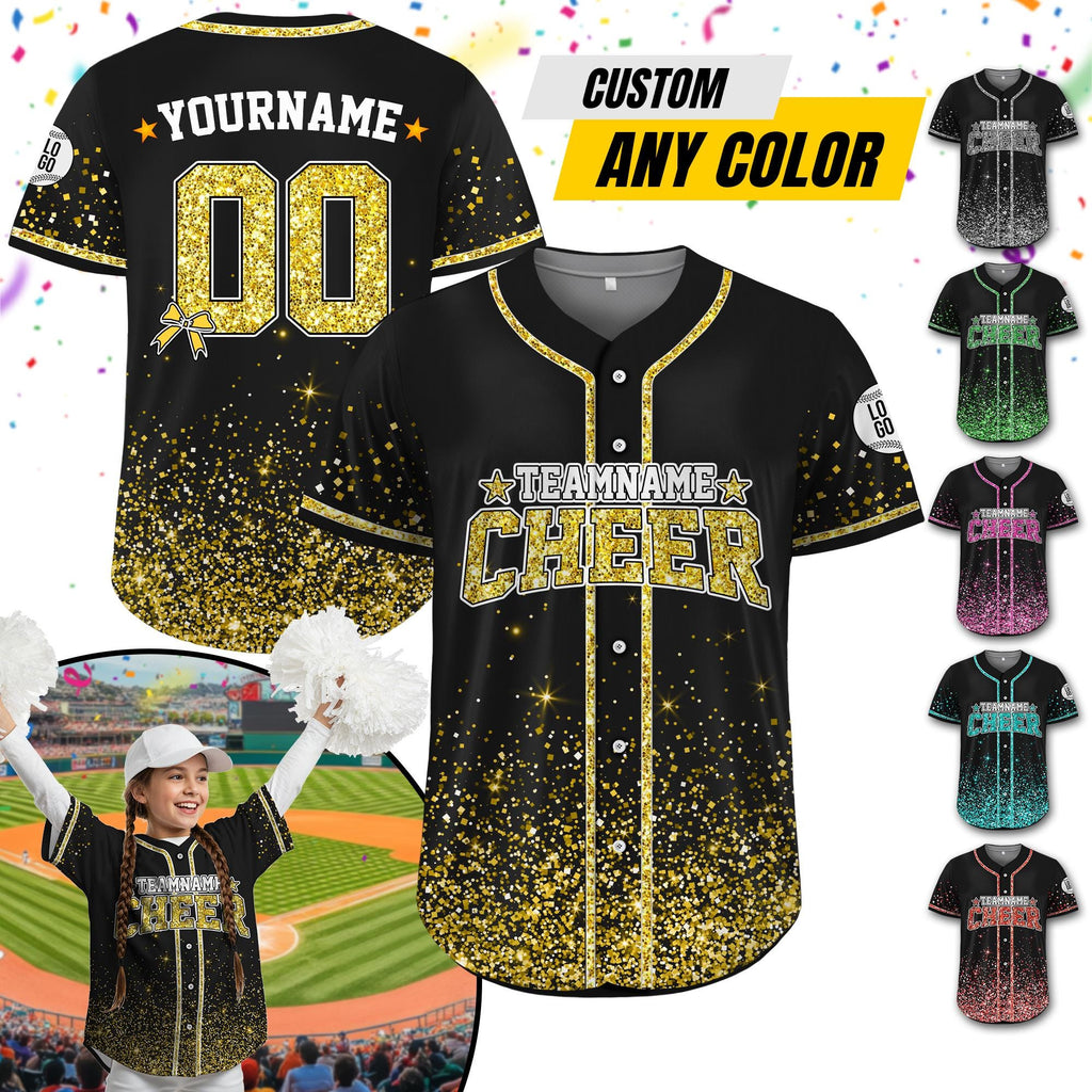 Personalized Team Name Number Glitter Cheer Baseball Jersey for Men Women Youth Kid, Custom Name Coquette Bow Cheer Jersey For Cheerleader