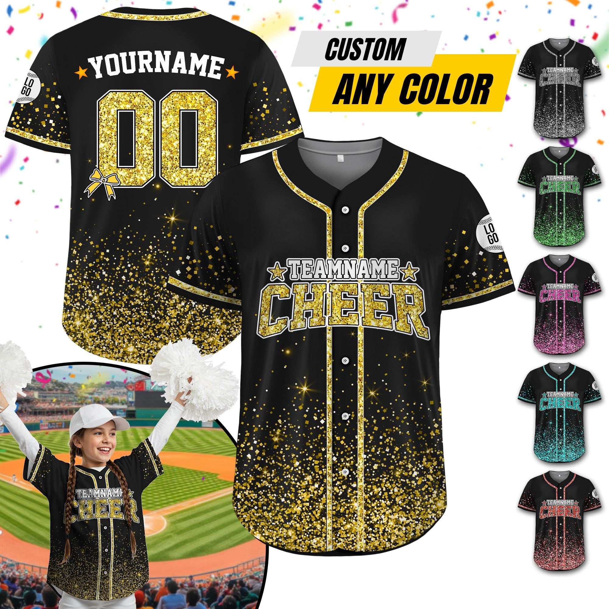 Personalized Team Name Number Glitter Cheer Baseball Jersey for Men Women Youth Kid, Custom Name Coquette Bow Cheer Jersey For Cheerleader