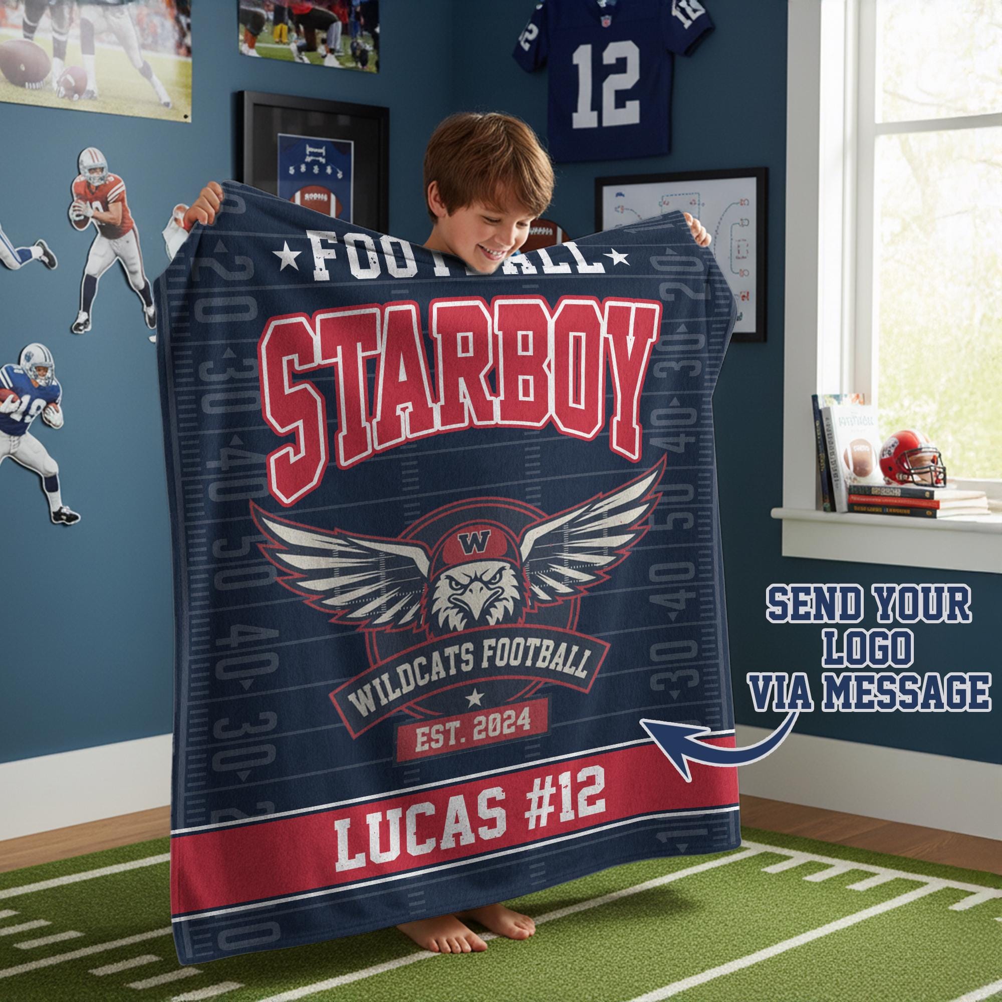 Custom Name Number Football Blanket, Personalized Team Football Blanket with Name, School Spirit Boys Bedroom Decor, Senior Player Gift