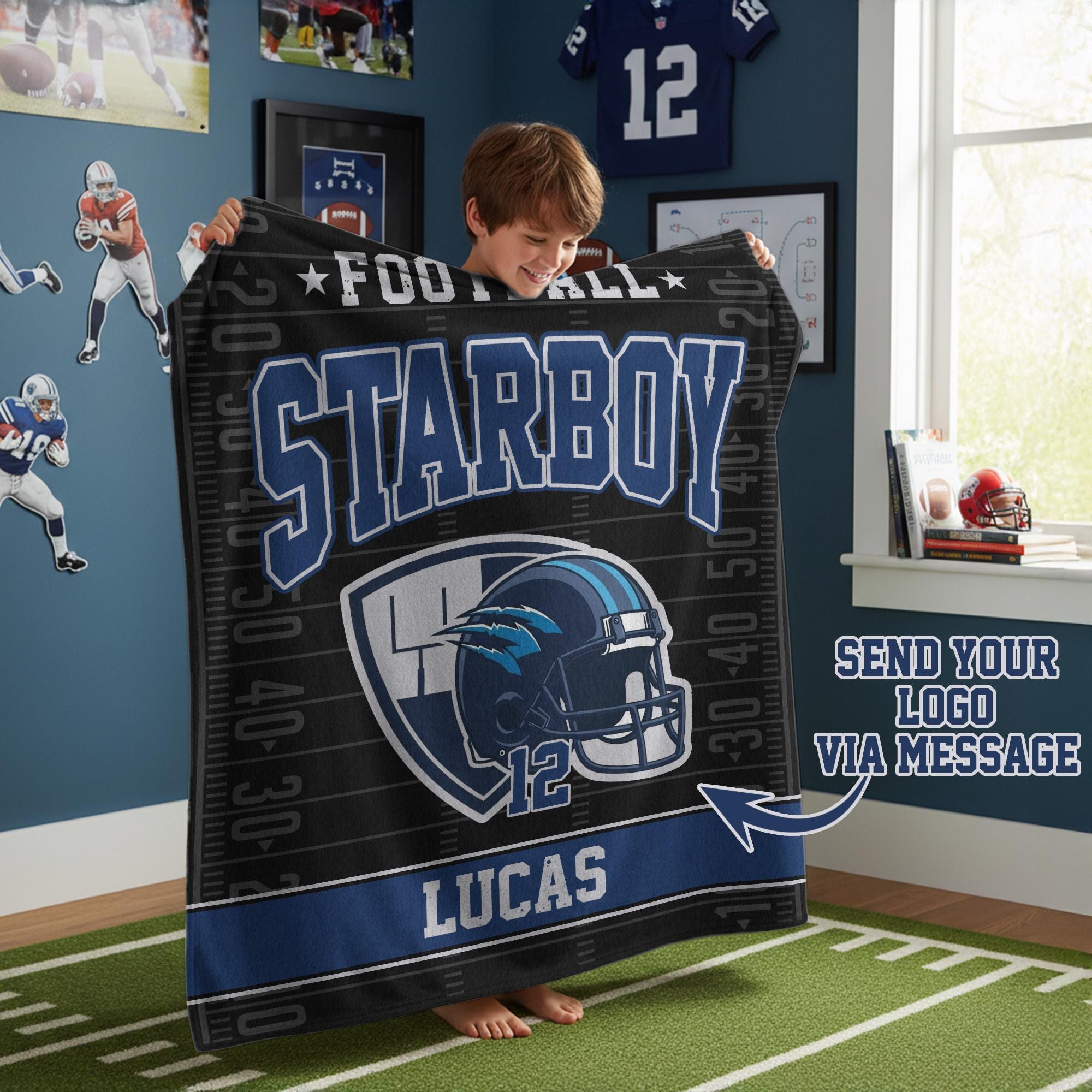 Personalized Team Football Blanket for Adult Kid Dog, Custom Name Number Logo Blanket Gift for Boys, Football Fan Gift, Football Decor