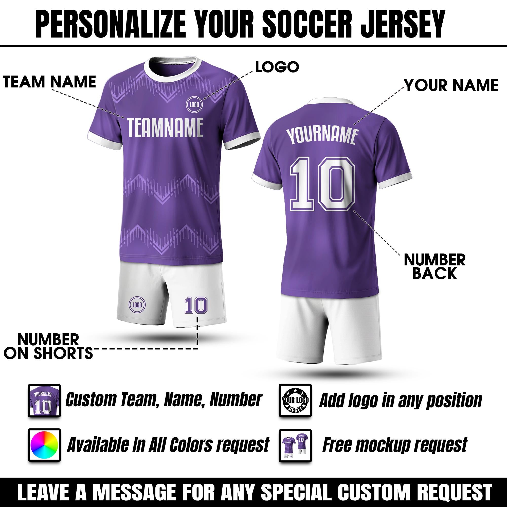Custom Soccer Jersey Shorts Set for Youth Toddler Adult, Personalized Team Name Logo Number, Purple Soccer Jersey Shirt, Team Uniform