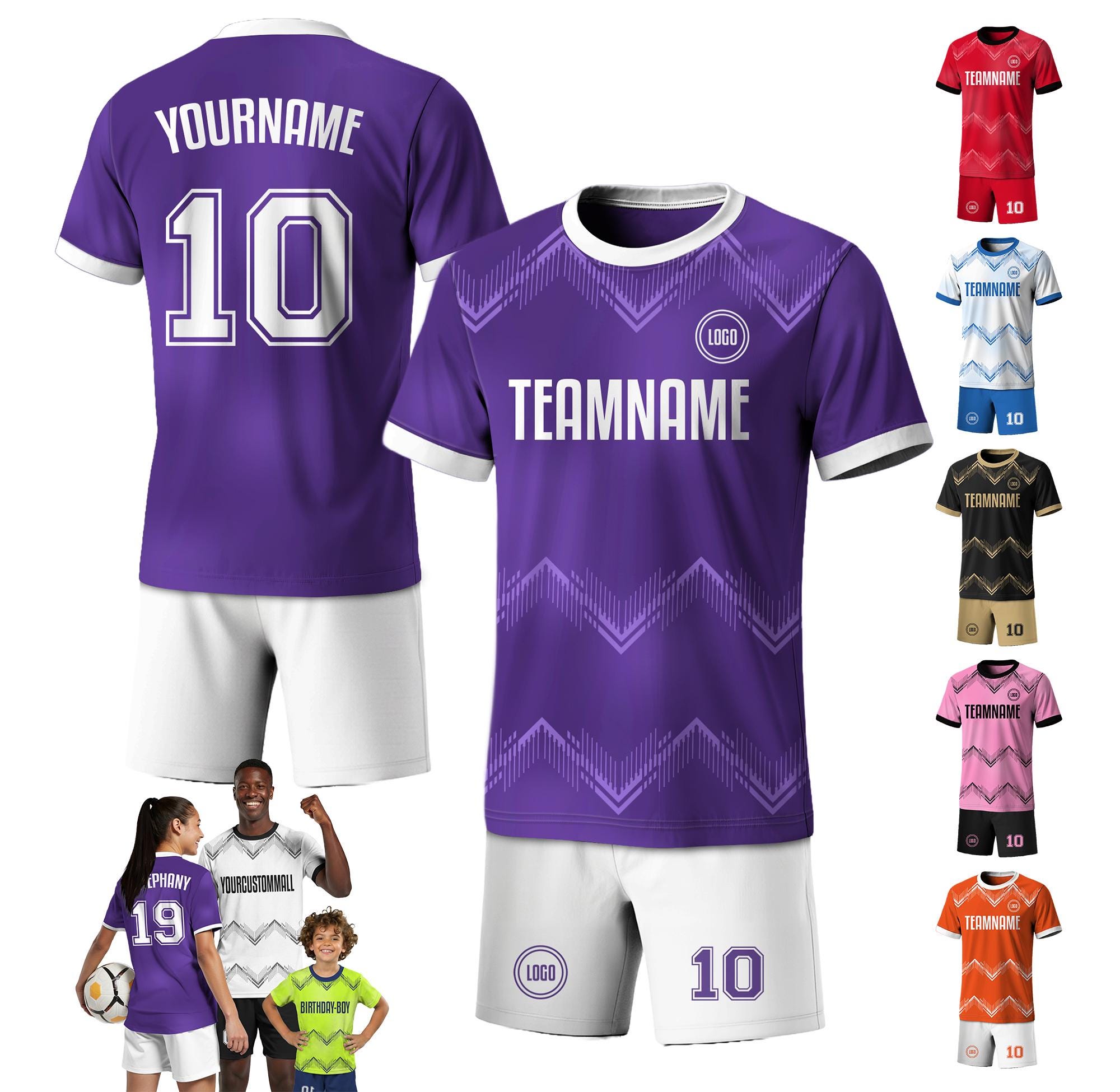 Custom Soccer Jersey Shorts Set for Youth Toddler Adult, Personalized Team Name Logo Number, Purple Soccer Jersey Shirt, Team Uniform