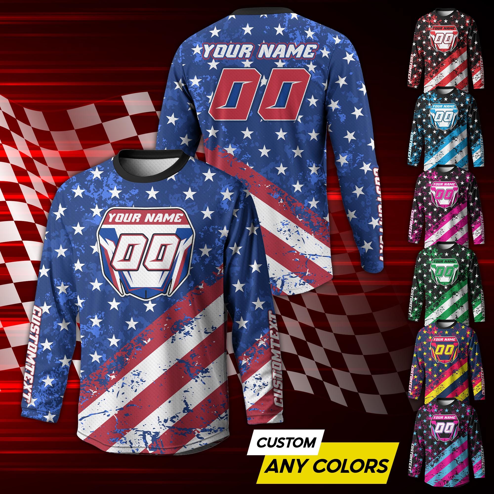 Custom American Flag Motocross Long Sleeve Shirt for Adult Youth, Custom Dirt Bike Racing Motocross Jersey Gift, Racing Team Shirts