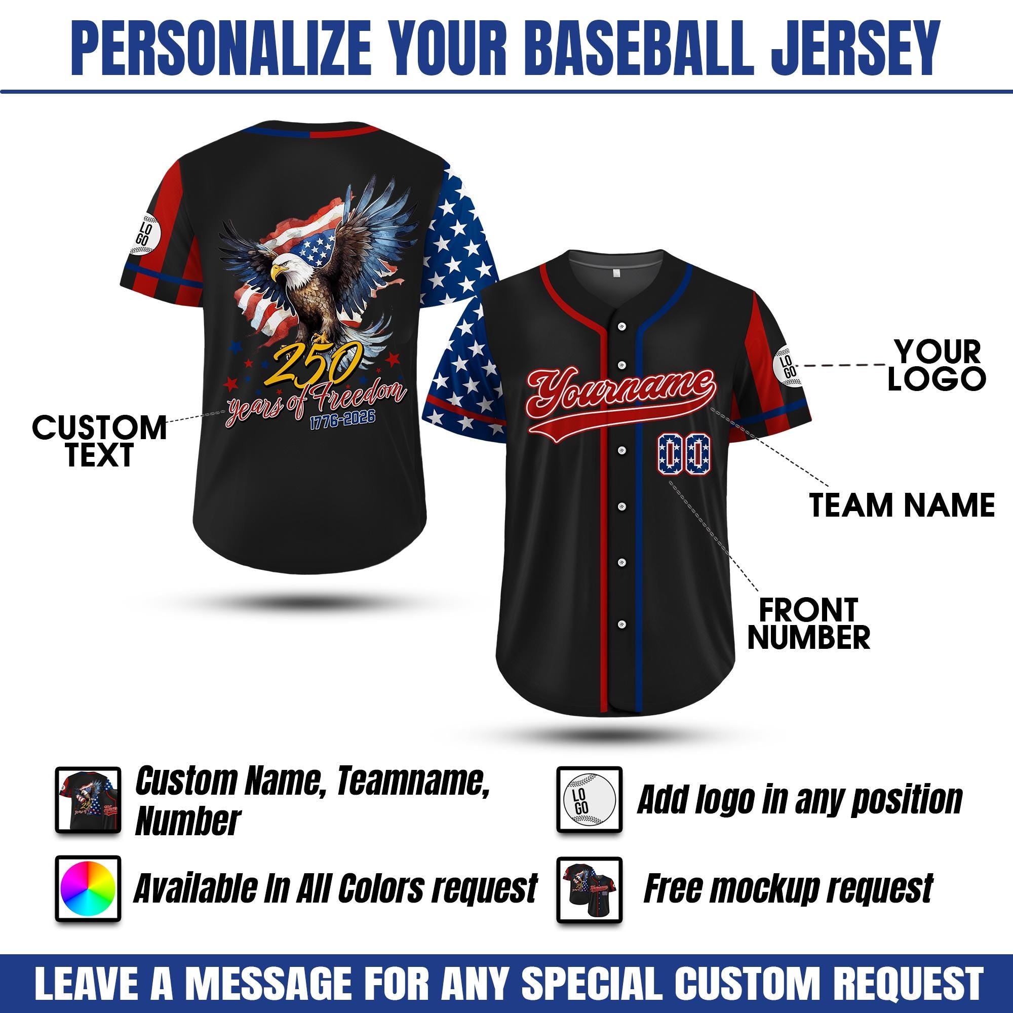 Personalized 250th Anniversary American Baseball Jersey, Custom Name Patriotic Jersey USA Flag Shirt, American Pride shirt 4th of July