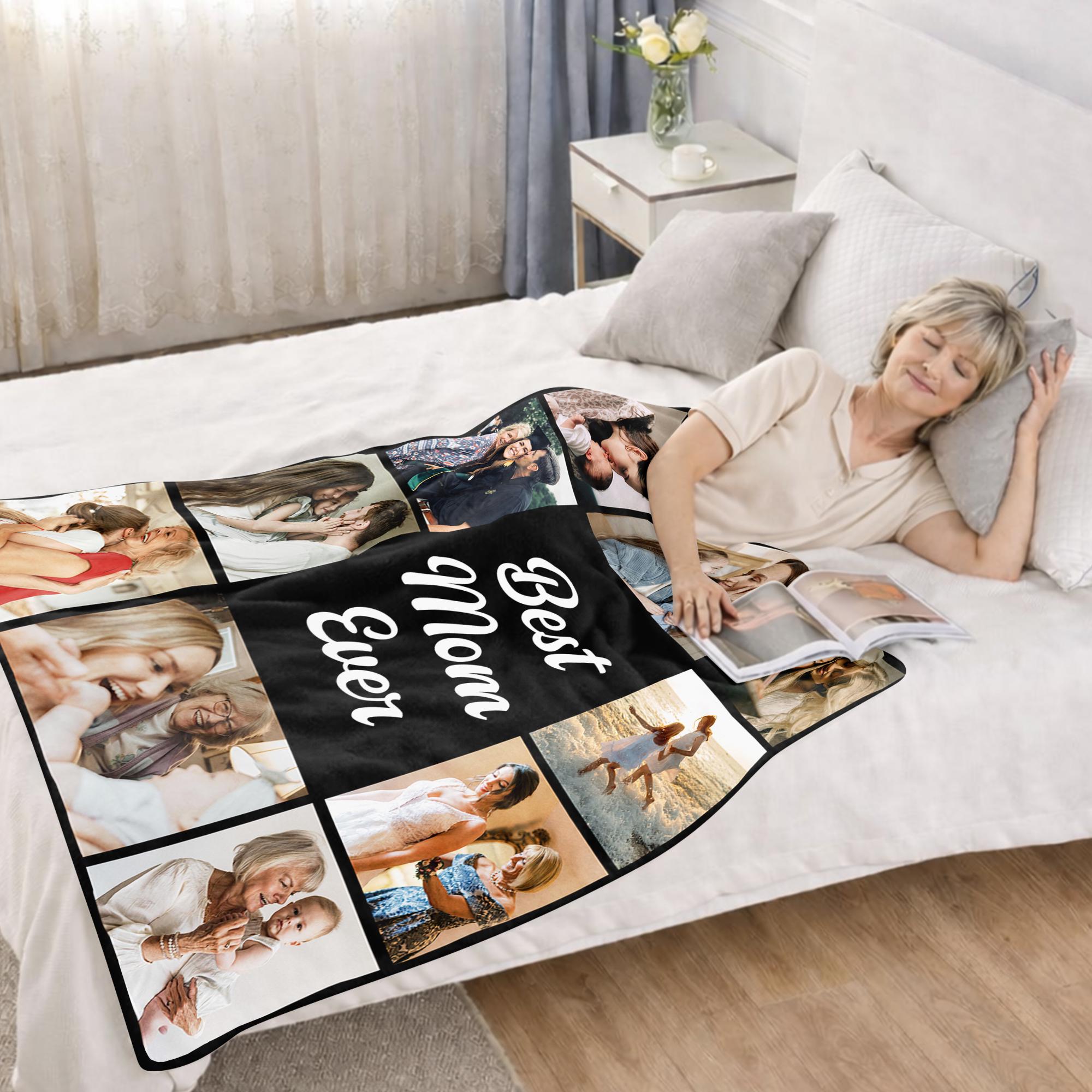 Custom Photo Blanket for Mom, Personalized Flannel Throw, Cozy Family Memories Gifts for Mother Wife from Daughter Husband